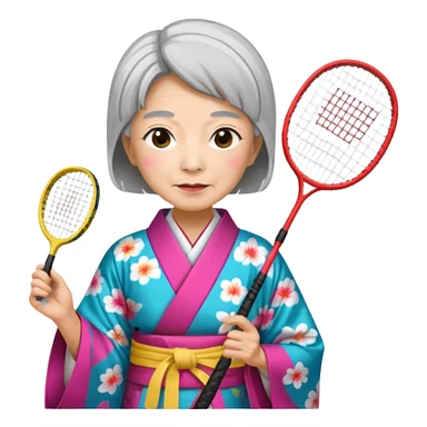 ancient japanese old woman with 1 badminton racket sticker
