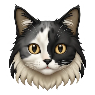 black and white long hair cat. black nose. black splotch near nose (on the right side). white chest. sticker