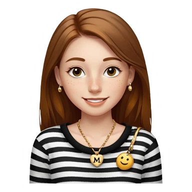 Chica guapa con pecas debajo del labio, pestañas largas con rímel, cejas finas y peludas, pelo marrón medio largo, piercing en la nariz, collar dorado con una "M" y jersey negro de rayas blancas con un hombro descubierto. sticker