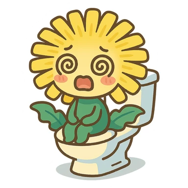 lemon yellow dandelion flower with a shocked face, sitting on a toilet with swirls in the eyes, soft colors, chibi expression sticker