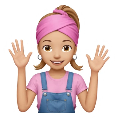 Light skin woman with brown ponytail and light pink head bandana. pink t-shirt with denim overalls. Expression is friendly with big smile and waving hello sticker