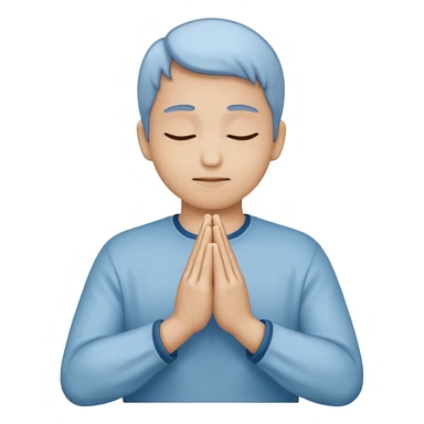 Two hands in prayer pose, muted blue outline, beige fill, soft glow, apple emoji style, PNG, transparent background sticker