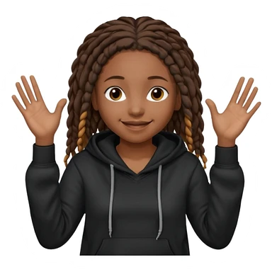 African American girl dark skin complextion a l with short brown dreadlock braids wearing plain black hoodie with hands raised sticker