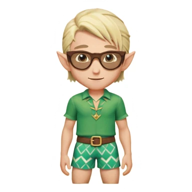 elf male legolas portrait, patterned board shorts (geometric/abstract), unique wooden-framed sunglasses, undercut hairstyle, slight smirk, visible pointy ears, no background, centered emoji, hipster summer vibe sticker