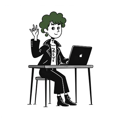 Alternative rocker girl with green and black hair, nose ring, neck tattoo, wearing combat boots and studded leather jacket, confidently raising hand while sitting at desk with laptop in music class sticker