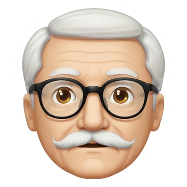 An elderly man with white hair and mustache, wearing black glasses sticker