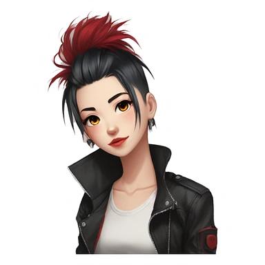 Gorgeous anime style tomboy-lady with blushing face aesthetic and pretty edgy black red punk hair with hair garment trending style sticker