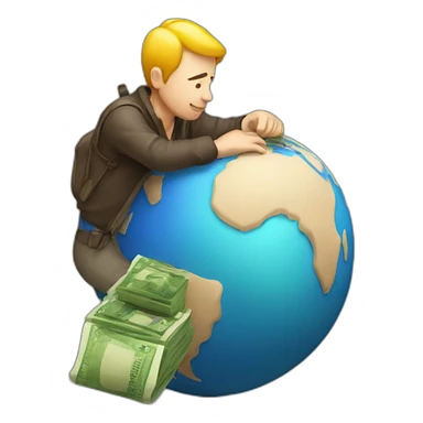 man sitting on globe with money bag sticker