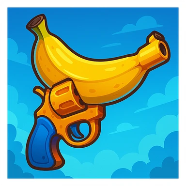 banana pistol in Fortnite style, exaggerated features, glossy finish, bright and saturated palette, whimsical and adventurous, stylized shading sticker