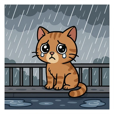 A cartoon-style sad cat on a balcony, watching the rain fall outside, with puddles forming. sticker