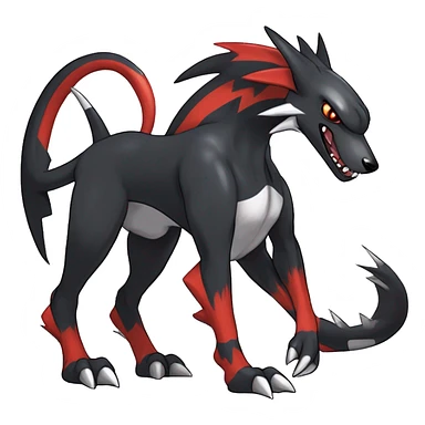 Black Cool Edgy Nargacuga-Houndoom-Garchomp Fakémon Digimon with Red and white Edgy markings, full body, outlined, sharp line Art sticker