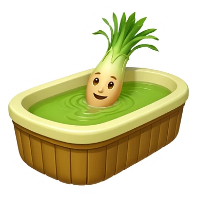 Create a 3D emoji of a relaxed leek in a jacuzzi filled with a slightly lumpy, yellowish-brown sauce sticker