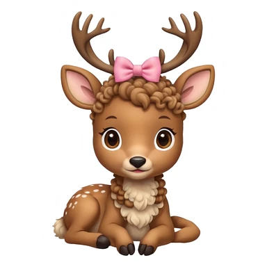 cute deer with curly fur, sitting down, wearing a bow on its head. sticker