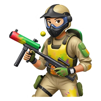 A dynamic scene of a player in action, holding a paintball gun and wearing protective gear. The background shows a vibrant paintball field with obstacles, colorful splatters of paint in the air, and an intense, competitive atmosphere. sticker