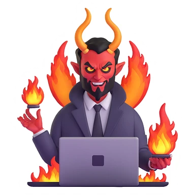 sinister demon salesman with laptop and fire effects sticker