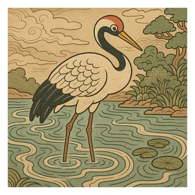 crane bird standing in a pond, ukiyo-e style illustration sticker