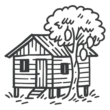 A simple light brown wooden house from a barrio with a mango tree in front sticker