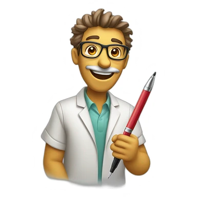 a cheerful smiley in a camelus of a scientist with a pen in his hands sticker