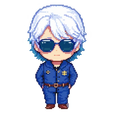 Satoru Gojo chibi white hair sunglasses blue uniform pixel art style sticker
