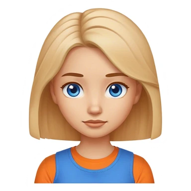 a girl emoji showing her shoulders and she has 2a hair and blue eyes and and orange shirt sticker