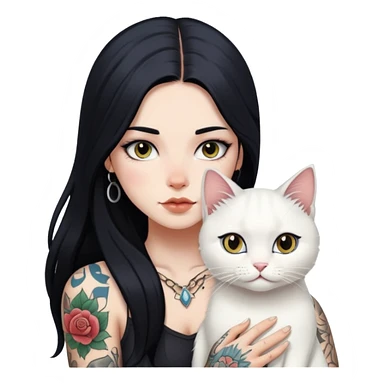 girl with long black hair and tattoos and a white cat sticker
