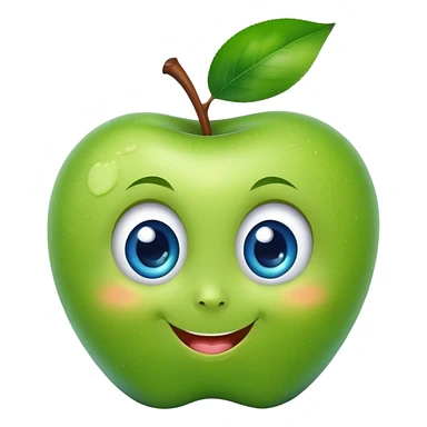 A cute green apple with a big smile and blue expressive big eyes sticker