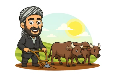 Edit the cartoon sticker of the farmer to change the clothing to match the traditional Kurdish outfit shown in the reference photo. The outfit includes a dark striped jacket, shirt, sash, and patterned headscarf. Keep the rest of the sticker the same. Maintain the vibrant, cheerful style suitable for WhatsApp and Instagram with a transparent background. sticker