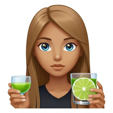 tan woman, black shirt, long light brown straight hair, grey blue eyes, holding a shot with lime sticker