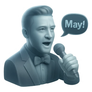 matte glass style portrait of Justin Timberlake with microphone, saying 'May!', realistic, subtle reflections sticker