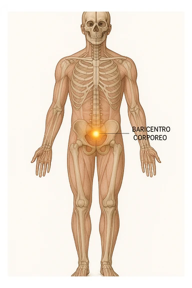 Anatomical, vertical medical illustration of the human body in a neutral standing position, highlighting the body's center of gravity (baricentro corporeo) with a glowing dot or sphere at the correct anatomical location. Transparent overlay shows skeletal and muscular structures. Clean, educational style, white background, clear labels, vertical format. sticker