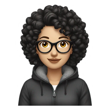 white Girl with black curly hair, ear piercings and smile,fleece jacket and glasses on her head sticker