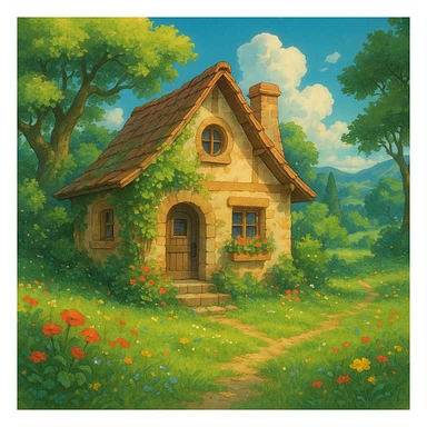 a cozy cottage in a magical landscape, ghibli style, detailed, enchanting, lush environment sticker