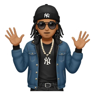 African American man with shoulder length black dreadlocks with black bead wearing black sunglasses with wearing denim skinny jeans wearing black bubble winter coat wearing black New York Yankees baseball hat and  timberland boots with hands out and concerned facial expression sticker