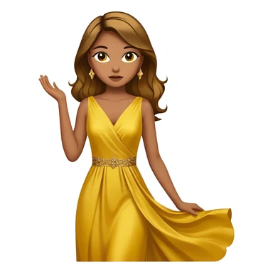 Woman using a long elegant yellow dress. She has medium skin tone and a brown with gold makeup sticker