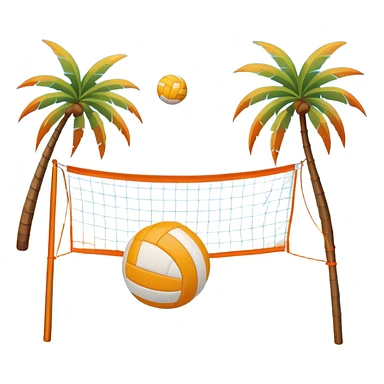 The scene captures a sunny sea beach atmosphere with clear blue sea and sky, palm trees swaying. A volleyball resting on the orange sand ground of a beach, with a volleyball net in the background.  sticker