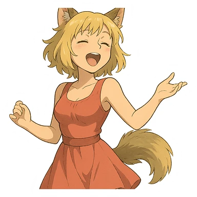 anime style furry girl with wolf ears and tail, short blonde hair, green eyes, hourglass figure, singing with joy, soft lighting, ghibli style sticker