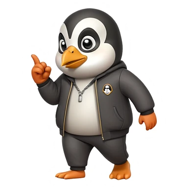 friendly anthropomorphised penguin wearing a mafia-style tracksuit, secretive scheming pose, soprano vibe, angry expression, walking quickly with a tense hurried stride, holding a knuckle duster sticker