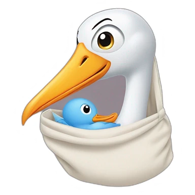 stork delivering baby boy in fabric held in its beak you can see the baby boys face popping from the top of the sack sticker