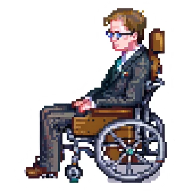 side view of Stephen Hawking in pixel art style, sitting in his wheelchair, wearing a suit, simplified pixel art details sticker