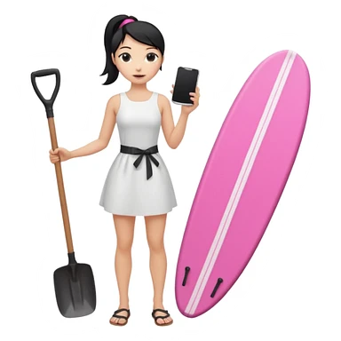 Princess who wearing white dress (woman) black ponytail hair holding her cellphone and  one garden shovel with another hand. She is standing on her feet, there is one pink surfing board. sticker