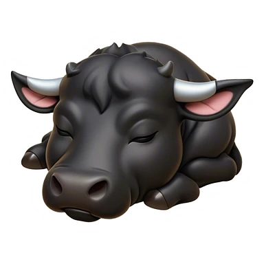 Meme-Worthy Cute Sleeping Black Bull Portrait Emoji, Head resting peacefully with a contented smile, showcasing a robust, massive build and a luxuriously soft pure black hide, eyes shut in a serene, restful nap, Simplified yet hilariously adorable features, highly detailed, glowing with a soft, drowsy light, high shine, relaxed and utterly lovable, stylized with an air of playful laziness, bright and heartwarming, soft glowing outline, capturing the essence of a comically sleepy guardian, so meme-worthy it feels like it could instantly become the next viral sensation of adorable slumber! sticker