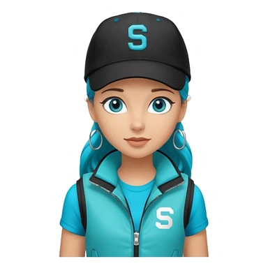 A landscaper in a beautiful turquoise jacket, turquoise rubber boots, and black pants. Over the turquoise jacket, she wears a black sleeveless vest. On her head, she wears a black Swissotel baseball cap. The girl is a brunette with blue eyes. sticker