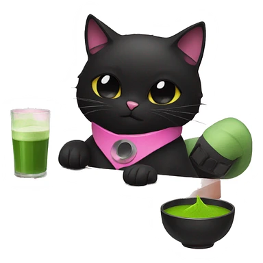 black cat with pink collar drinking matcha next to dj deck sticker