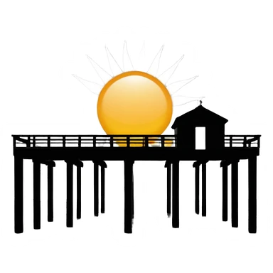 A black and white image of a pier in the ocean as a silhouette with the sun in the background sticker