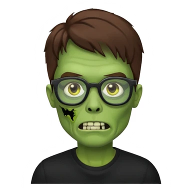 Green zombie, brown hair, black glasses, black shirt. iOS style. sticker