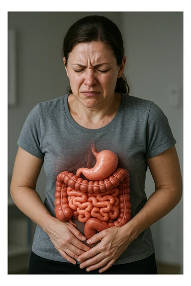 donna in piedi che si tiene la pancia con intestino umano anatomico e mal di pancia, iperrealistica 4k sticker