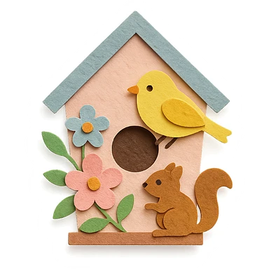 a cozy birdhouse with flowers and forest creatures, soft pastel colors, paper craft style sticker