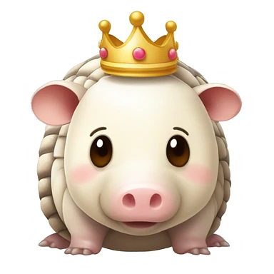 Beige and white piebald chubby round armadillo pig panda centipede armadillo wearing a crown sticker