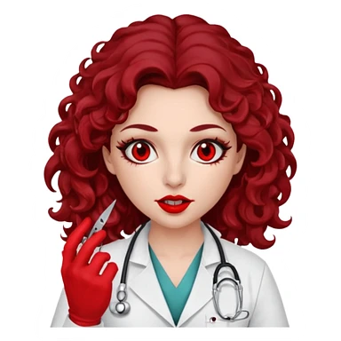 Lilith scalpel in hand, evil surgeon sexy surgeon clothes.  She has red eyes. She has dark brown long curly hair. Wears sexy doctor outfit with red gloves. Covers mouth neck and nose with red litham for Muslim woman sticker