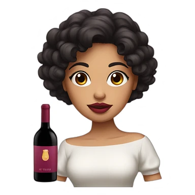 White latin girl with with pink big lips, curly black hair and wine sticker